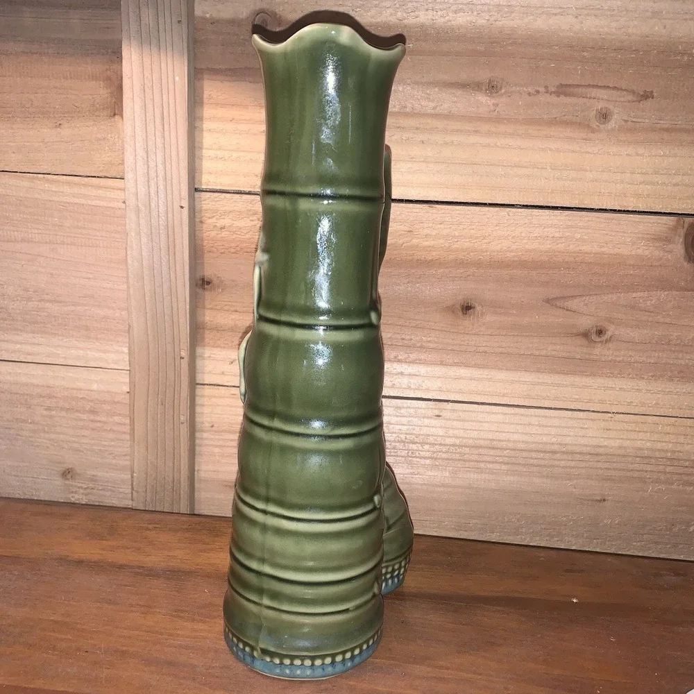 Vintage Majolica Vase Green Double Bamboo Stalks Planter Tiki Asian Ceramic EUC